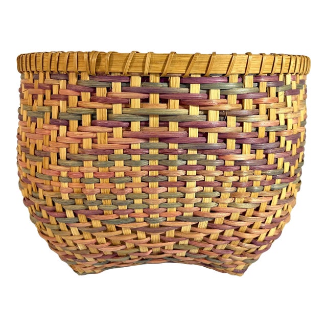 Large 1980s Vintage Hand Woven Multi Coloured (Pastel) Shades Wicker Basket, Florida For Sale