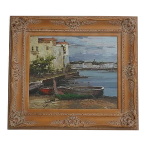 Paolo Artist Signed Mediterranean Boat Scene Oil Painting on Canvas