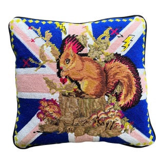Hand-Embroidered Needlepoint "Punk Squirrel" Feather Down Pillow, Original, One of a Kind For Sale