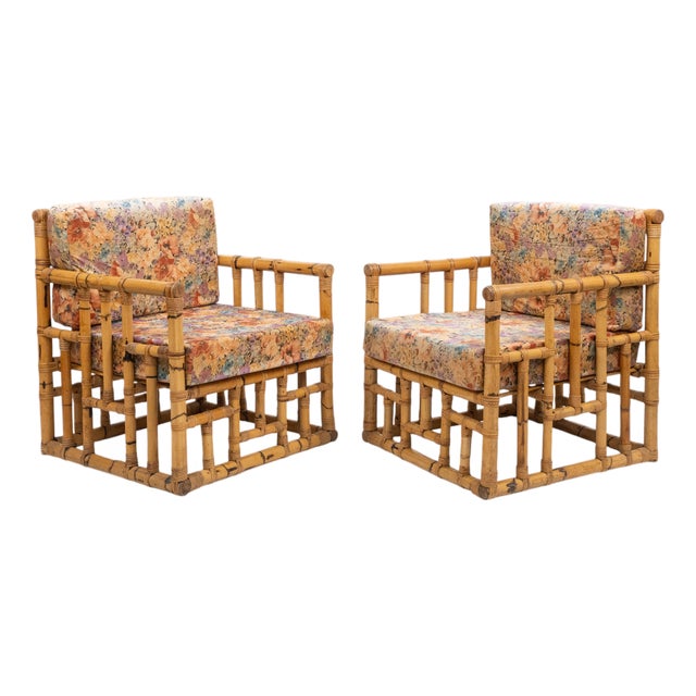 Mid-Century Bamboo and Rattan Armchairs attributed to Vivai del Sud, Italy, 1970s, Set of 2 For Sale