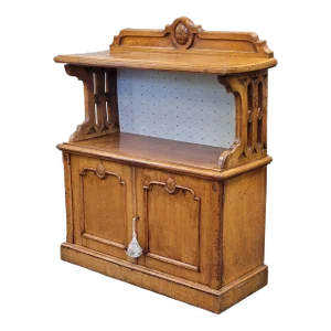 Antique 19th Century English or Scottish Elm Sideboard Server With Aqua Fabric Backpanel
