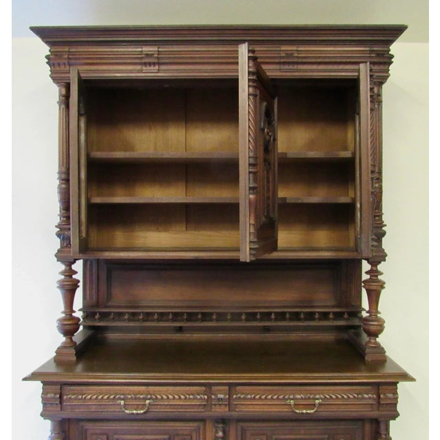 Brown Early 20th Century Carved Antique English Two Piece Walnut Court Cupboard China Cabinet For Sale - Image 8 of 13