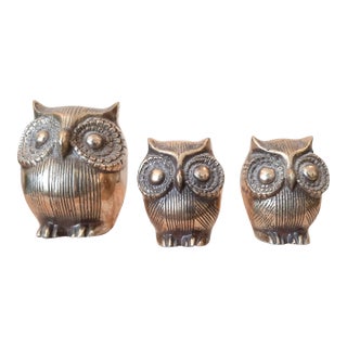 Retro Brass Owl Bird Set 3 Mid Century For Sale