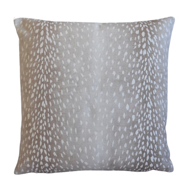 Custom-tailored linen-and-cotton taupe and white antelope pillow. The reverse is the same fabric and pattern layout....