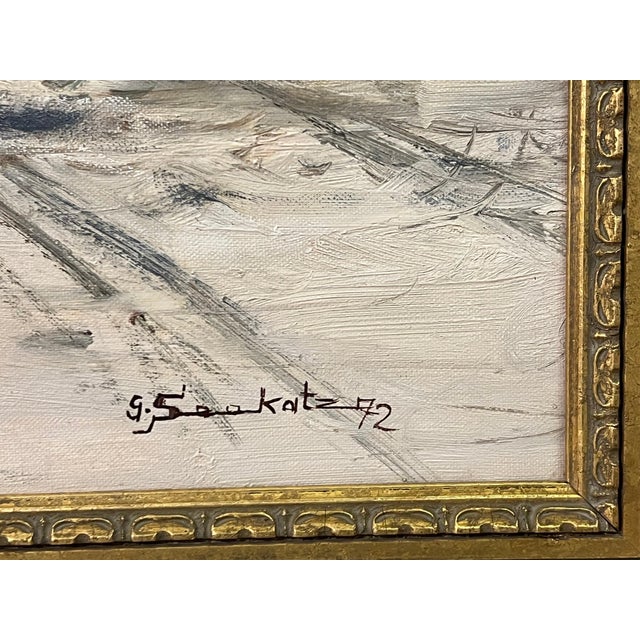 European Village in Winter Snow with Figures & Frozen Pond by German Artist 1972 For Sale - Image 6 of 18