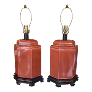Vintage Pair of Orange Chinoiserie Ceramic Table Lamps Newly Wired