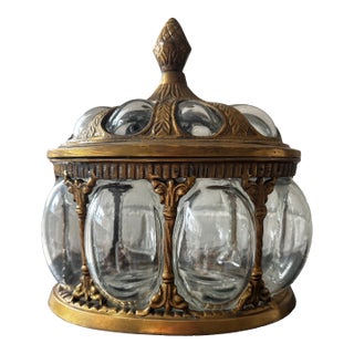 Mid 20th Century Solid Brass & Hand Blown Bubble Glass Lidded Dome Apothecary Jar For Sale