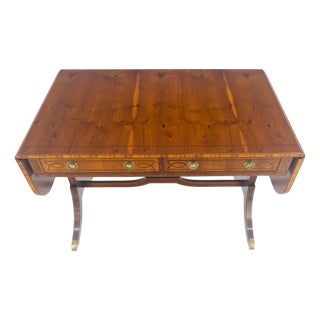 Yew Wood Drop Leaves Two Drawers Low Profile Brass Feet Desk Console Table MINT For Sale
