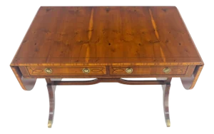 Yew Wood Drop Leaves Two Drawers Low Profile Brass Feet Desk Console Table MINT