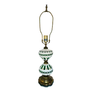 Vintage Bohemian Enameled Roses White Cut to Emerald Glass Table Lamp