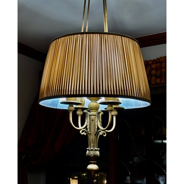 Traditional Late 20th Century Maitland-Smith Four Light Bouillotte Chandelier, Large Hand Made Silk Shade, Unique Architectural Design, Burnished Bronze Finish For Sale - Image 3 of 14