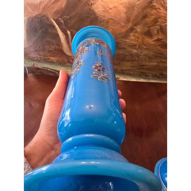 Antique Baccarat Attributed Pr Opaline Vases Turquoise For Sale - Image 9 of 10