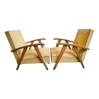 Vintage Beech and Yellow Skai Armchairs with Compass Legs, 1950s, Set of 2 For Sale