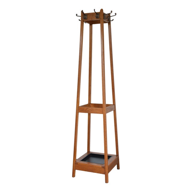 Mid-Century Oak Coat Stand with Umbrella Holders and Drip Tray, 1950 For Sale