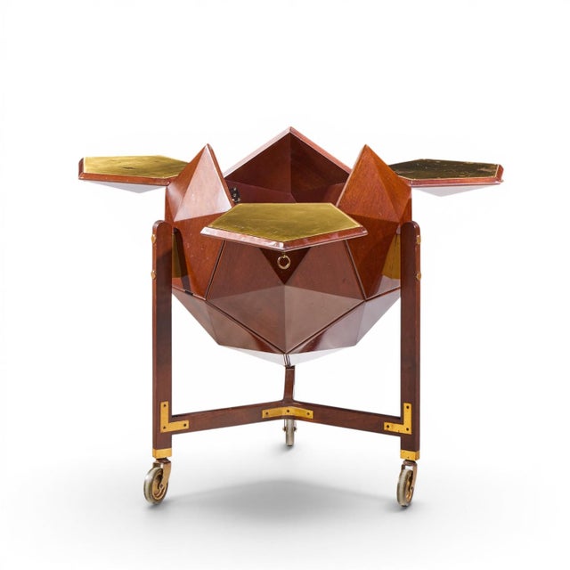 M. Vuillermoz for Dambrine Mid Century French Mahogany and Brass Polyhedron Bar Cabinet For Sale - Image 4 of 7