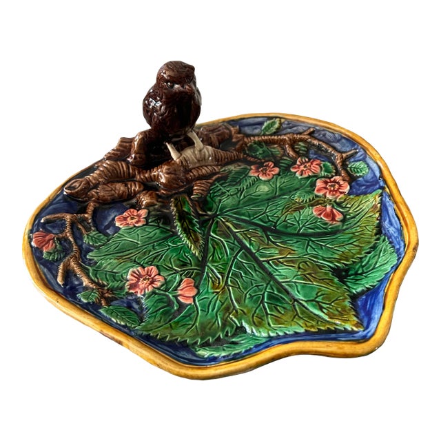 Majolica Leaf Dish With Bird For Sale