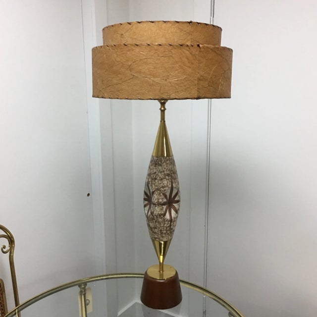 Mid-Century Mod - Brass and Ceramic Painted Lamp With Two-Tiered Shade For Sale - Image 10 of 10