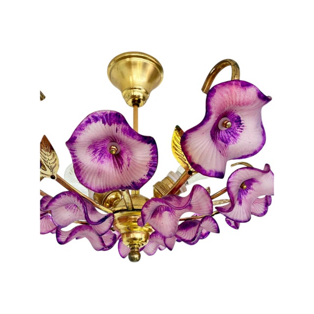 Glass Vintage Hand-Painted Purple Glass Floral Flush Mount Chandelier For Sale - Image 7 of 17