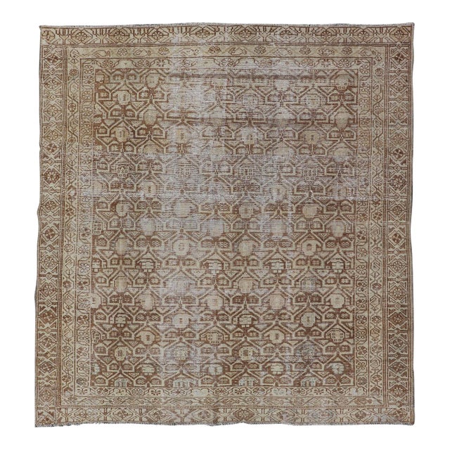 Persian Antique Malayer Rug With Layered Geometric Motifs in Tan, Taupe, Cream 4'5 X 5'1 For Sale