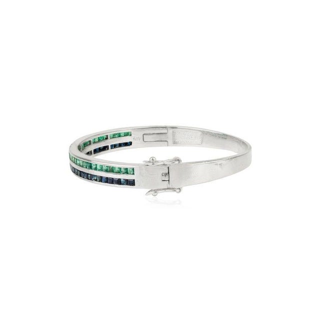 Not Yet Made - Made To Order 925 Sterling Silver Emerald & Blue Sapphire Gemstone Bangle Bracelet For Sale - Image 5 of 12