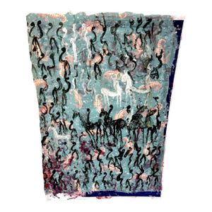 Purvis Young Mixed Media on Poster Board with Seahorse Fabric & Painted Warriors