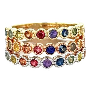 1.82 Carat Multi-Color Sapphire Stackable Gold Band Set Size 6.5 - Set of 3 For Sale