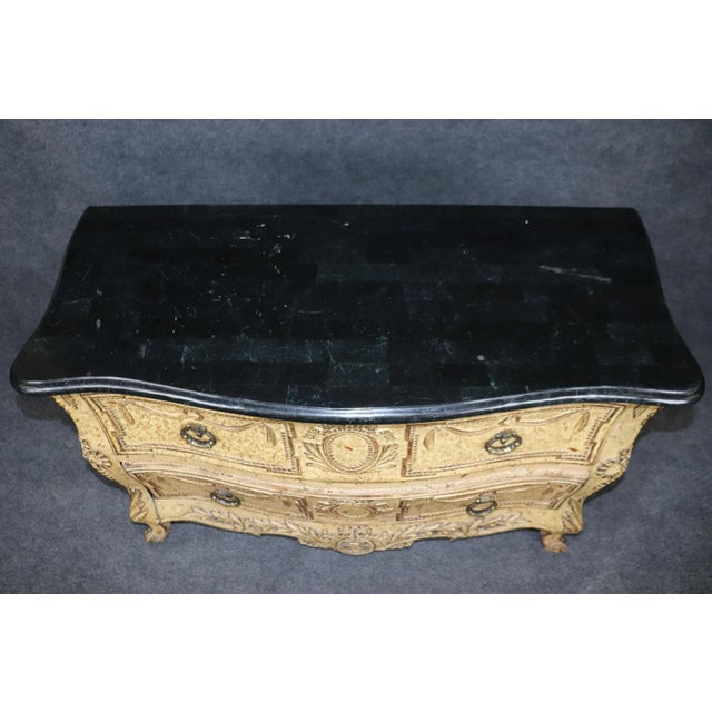 Fine Pair Crackle Paint Decorated Creme and Marble Top French Louis XV Commodes For Sale - Image 4 of 12