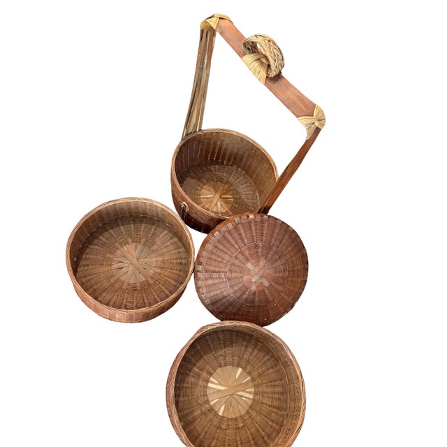 Brown Vintage Chinese Three-Tier Wedding Basket in Handwoven Bamboo For Sale - Image 8 of 10