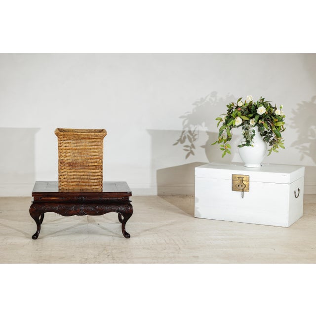 Country Style Square Handwoven Rattan Basket with Flared Rim and Side Handles For Sale - Image 15 of 18