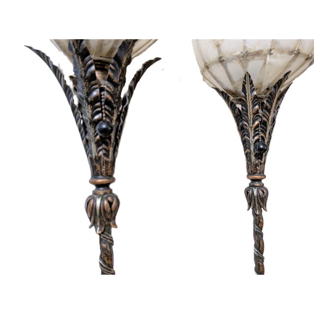 Metal Pair of Antique Ealy 1900's Art Nouveau Cast Metal Torchiere Floor Lamps With Capiz Shell Tulip Shades For Sale - Image 7 of 11