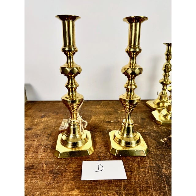 Victorian Pair Victorian Brass Inverted Beehive & Diamond Candlesticks For Sale - Image 3 of 5