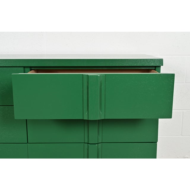 Green Donald Deskey Style Art Deco Green Lacquered Six-Drawer Double Dresser, Newly Refinished For Sale - Image 8 of 14