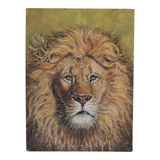 Vintage Lion Head Painting on Board For Sale