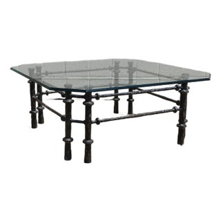 Vintage Giacometti Style Brutalist Sculptural Metal & Glass Coffee Table, 1970s For Sale