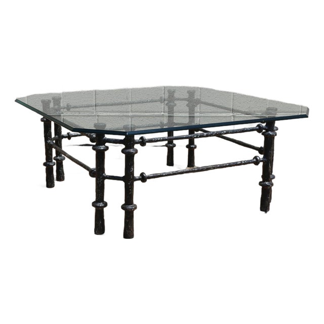 Vintage Giacometti Style Brutalist Sculptural Metal & Glass Coffee Table, 1970s For Sale