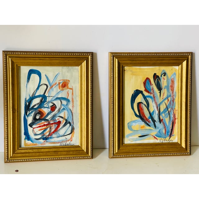 Pair Contemporary abstract mixed media on paper art paintings signed Abstract Compultion by Mariana Shulga, in gold frames.