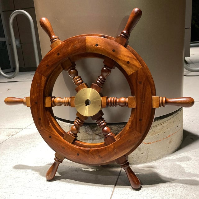 Twentieth century Norwegian stye six spoke small to medium vessel or ship’s helm (steering wheel), with solid brass, 3/4”...