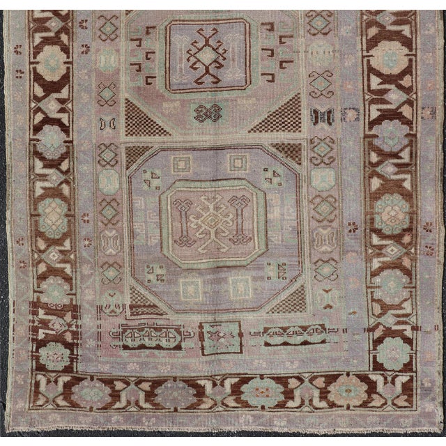 Tribal Vintage Turkish Oushak Rug With Tribal Geometric Medallions in Light Lavender For Sale - Image 3 of 16
