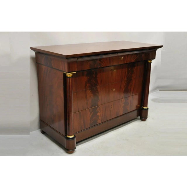 Villa Garnelo French Empire Style Crotch Mahogany 4 Drawer Commode Dresser Chest. Item features a beautiful column...