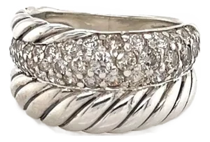 David Yurman Pave Diamond Sterling Silver Double Row Cable Band Ring, Size 5