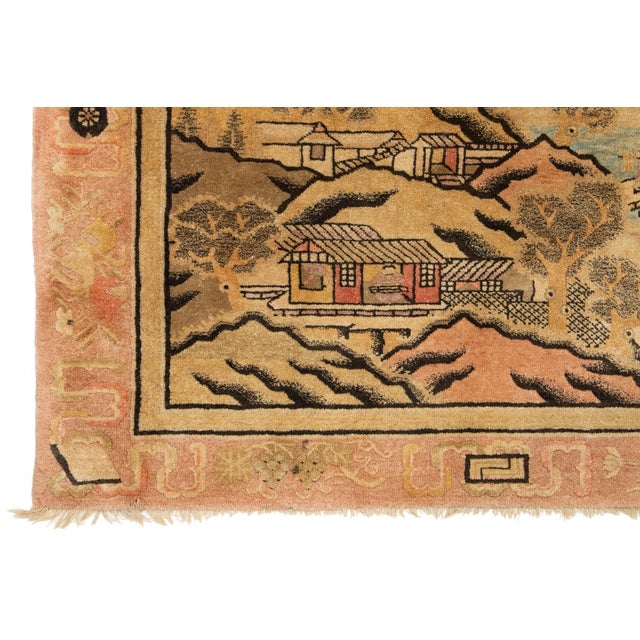 Textile Antique Chinese Art Deco Wool Rug Handmade in Beige With Pictorial Design For Sale - Image 7 of 9