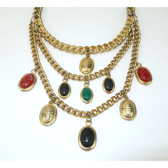 Vintage Scarab Bib Chain Link Egyptian Style Necklace, c.1980 For Sale - Image 4 of 11