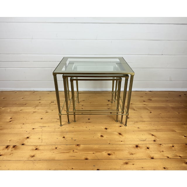 Vintage Hollywood Regency Brass and Glass Nesting Tables, 1950s, Set of 3 For Sale - Image 10 of 11