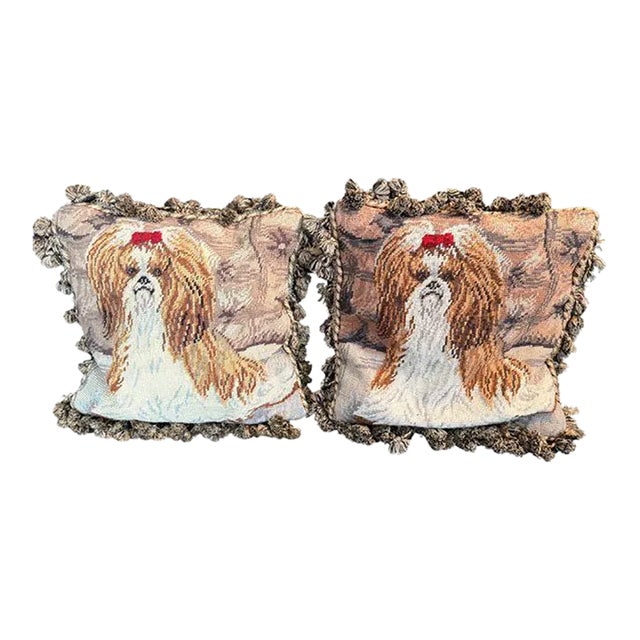 Late 20th Century, Shih Tzu Handcrafted Needlepoint, Throw Pillows, Pair (2) For Sale