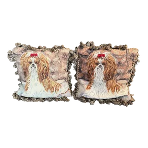 Late 20th Century, Shih Tzu Handcrafted Needlepoint, Throw Pillows, Pair (2)