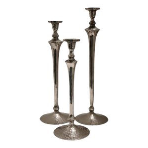 Vintage Tall Sculptural Hammered Silver Metal Candlesticks- Set of 3