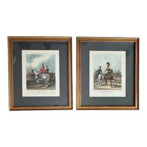 Pair Antique Military Hand-Colored Engravings, Framed