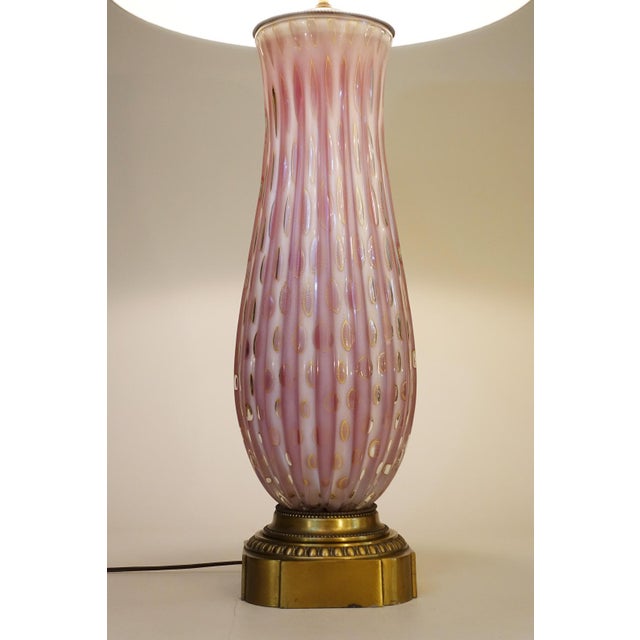 1960s 1960s Rare Xxlarge Massive Pink "Costolato" Barovier Toso Murano Italy Bubble Blown Art Glass Brass Table Lamp For Sale - Image 5 of 13