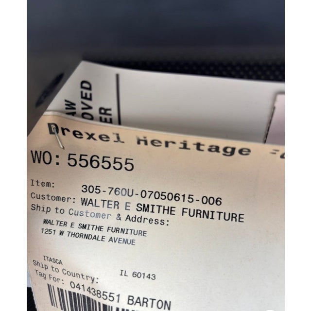 Rolled arm bench made by Drexel Heritage in a Striped Neutral Color Pattern with rolled over arms and detailed pattern legs .