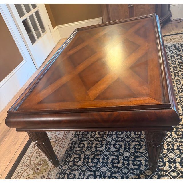 Wood Vintage Regency Style Mahogany Parquetry Coffee Table With Flame Mahogany Apron For Sale - Image 7 of 15
